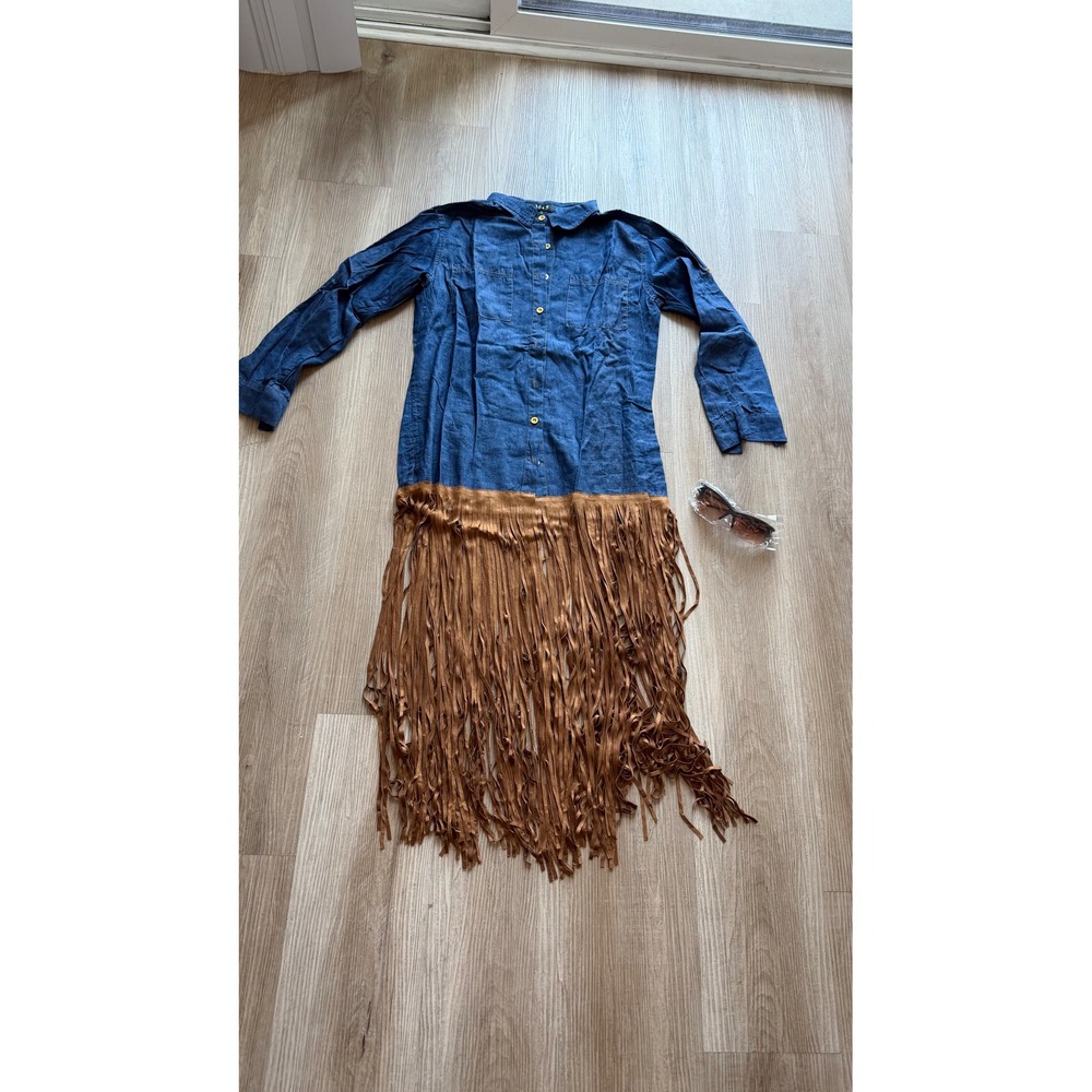 Set sunglasses & Blue Chambray Shirt Dress with Brown Faux Suede Fringe Hem - M